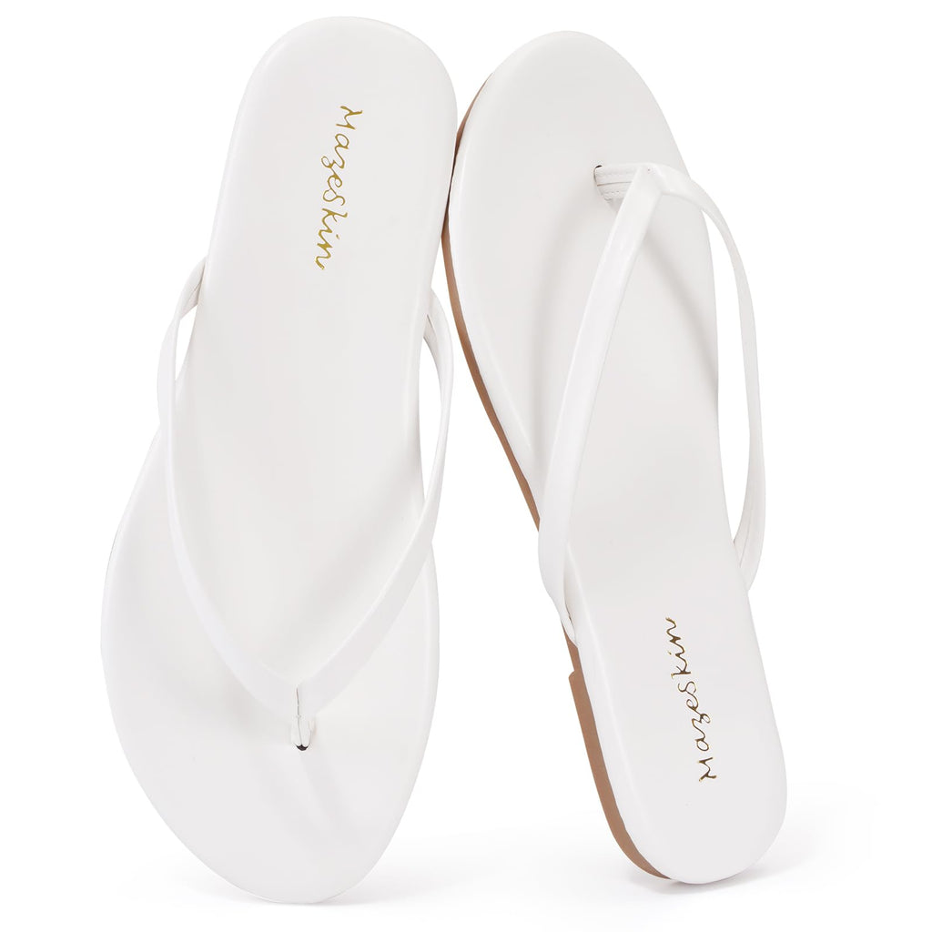 mazeskin Women's Memory Foam Comfortable Flat Thong Sandals Dressy Summer Beach Leather Slide Flip Flops