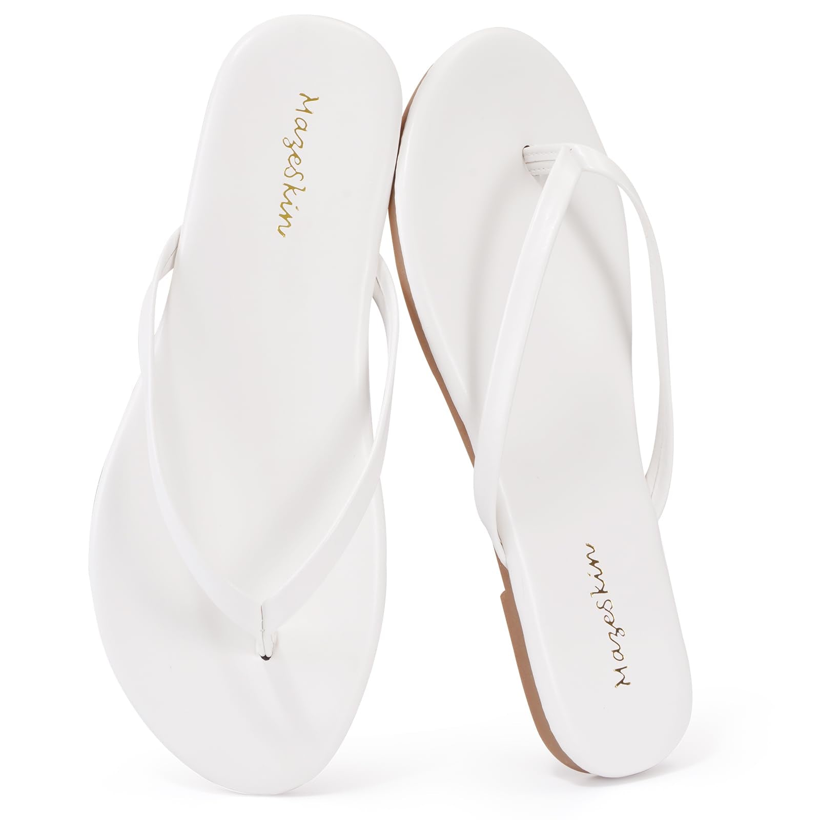 mazeskin Women's Memory Foam Comfortable Flat Thong Sandals Dressy Summer Beach Leather Slide Flip Flops