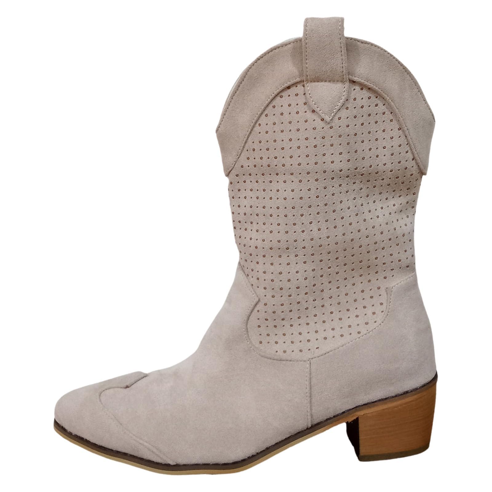 Women's Suede Western Ankle Boots with Low Wooden Heel