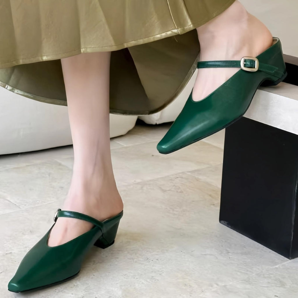 Women's Leather Mary Jane Mules with Chunky Block Heel