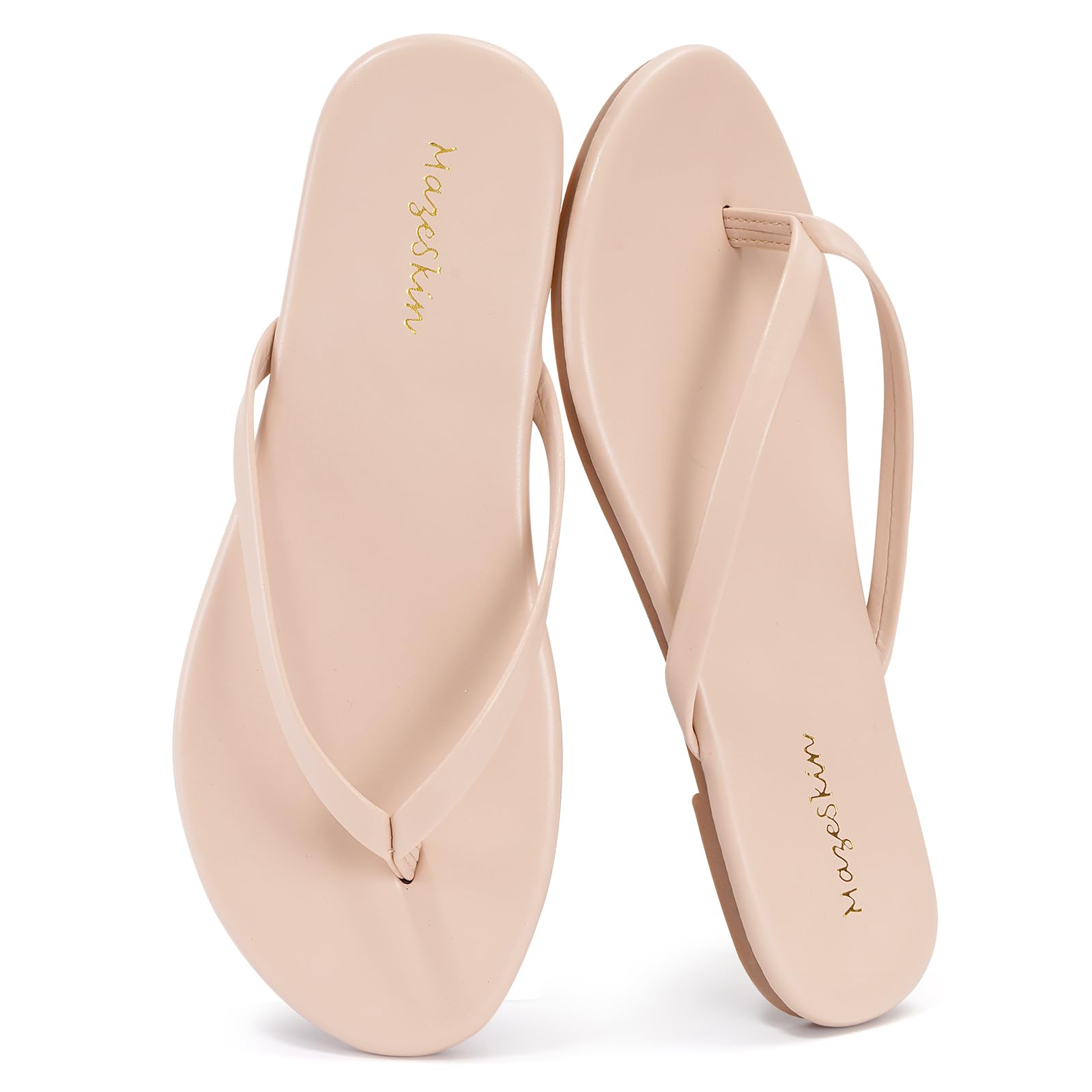 mazeskin Women's Memory Foam Comfortable Flat Thong Sandals Dressy Summer Beach Leather Slide Flip Flops