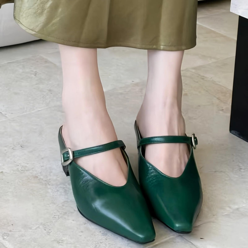 Women's Leather Mary Jane Mules with Chunky Block Heel