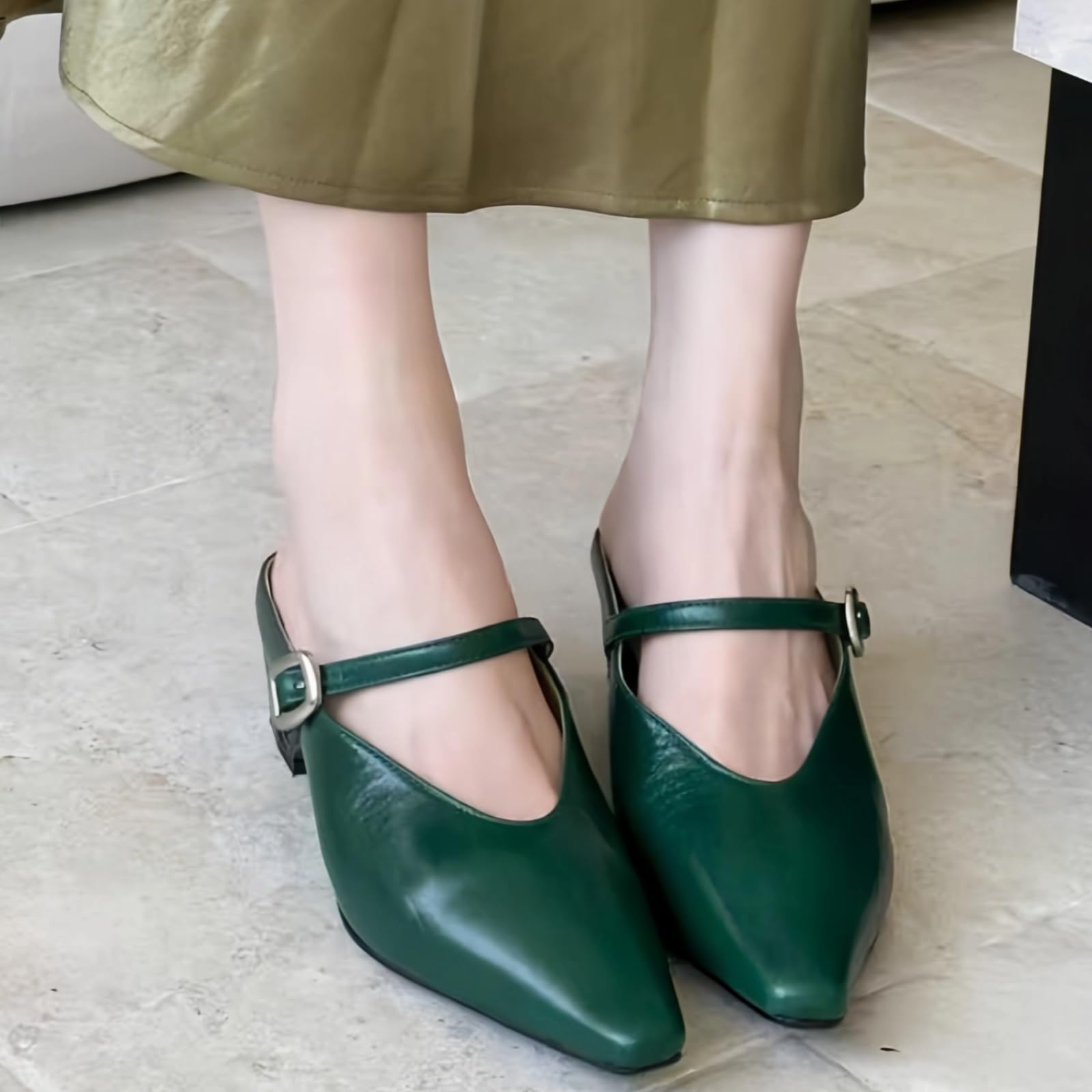 Women's Leather Mary Jane Mules with Chunky Block Heel