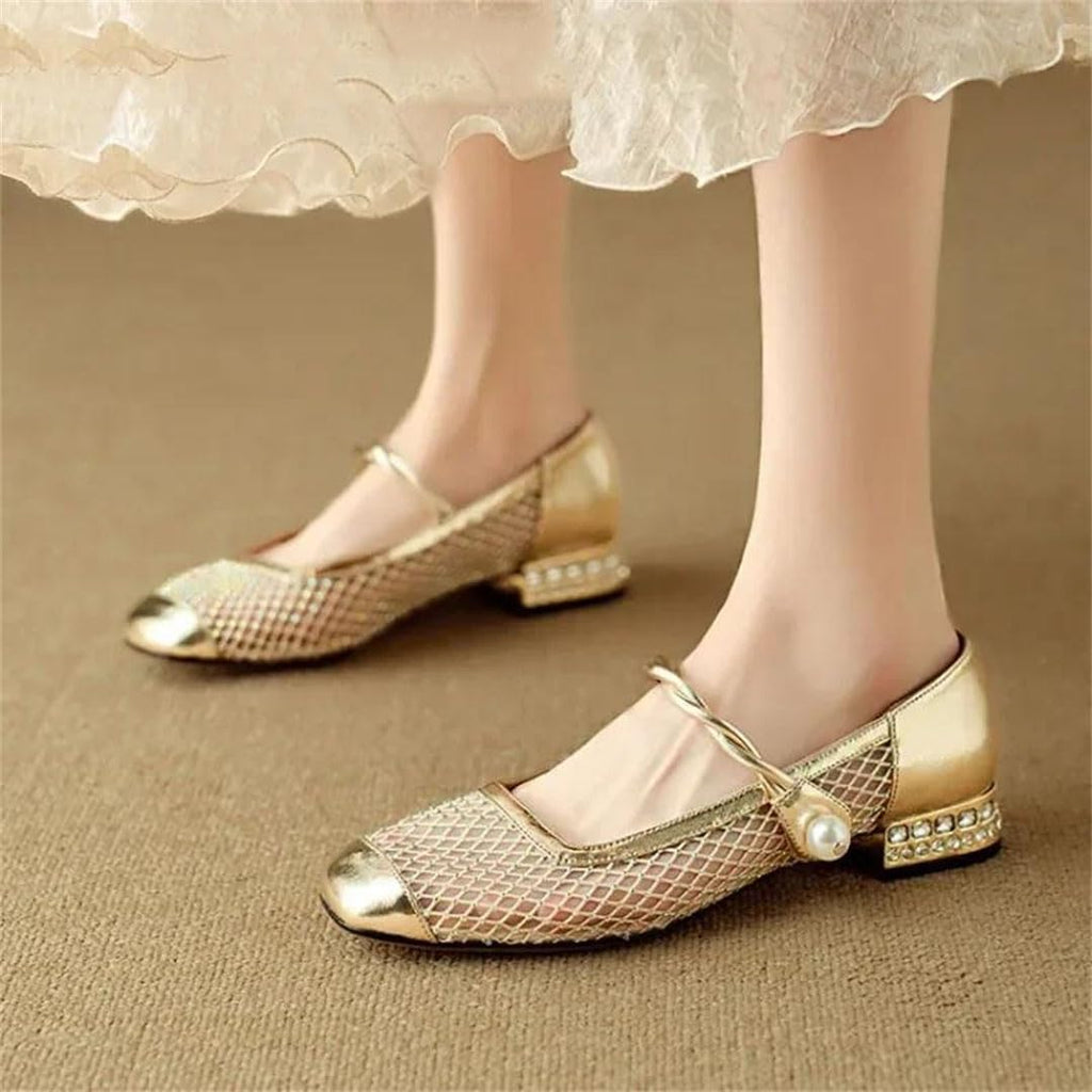 Women's Square Toe Hook and Loop Patchwork Sparkly Detail Formal Casual Low Heel Footwear Flat Shoes