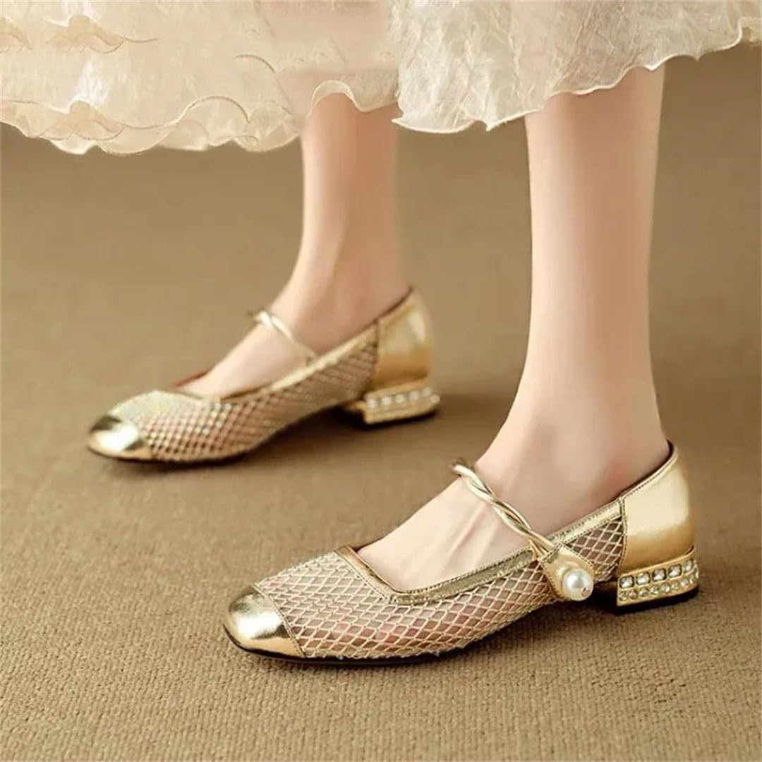 Women's Square Toe Hook and Loop Patchwork Sparkly Detail Formal Casual Low Heel Footwear Flat Shoes