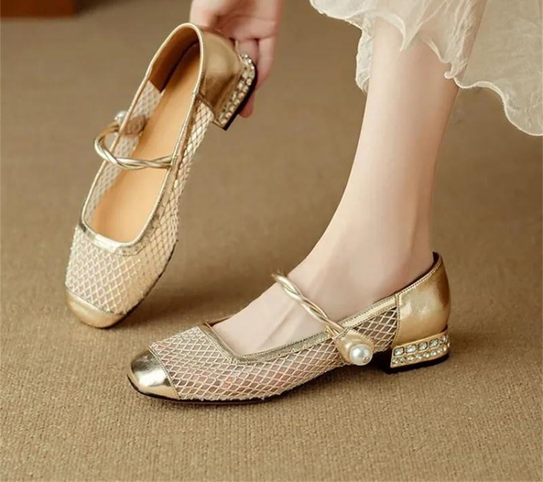 Women's Square Toe Hook and Loop Patchwork Sparkly Detail Formal Casual Low Heel Footwear Flat Shoes
