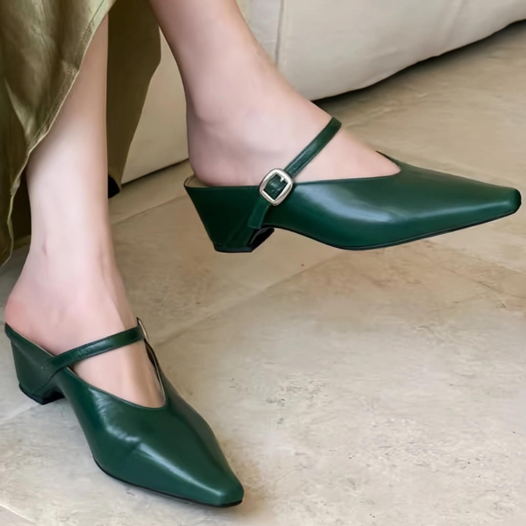 Women's Leather Mary Jane Mules with Chunky Block Heel