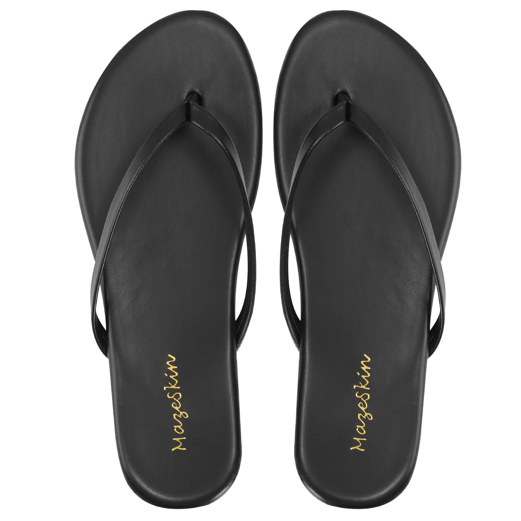 mazeskin Women's Memory Foam Comfortable Flat Thong Sandals Dressy Summer Beach Leather Slide Flip Flops