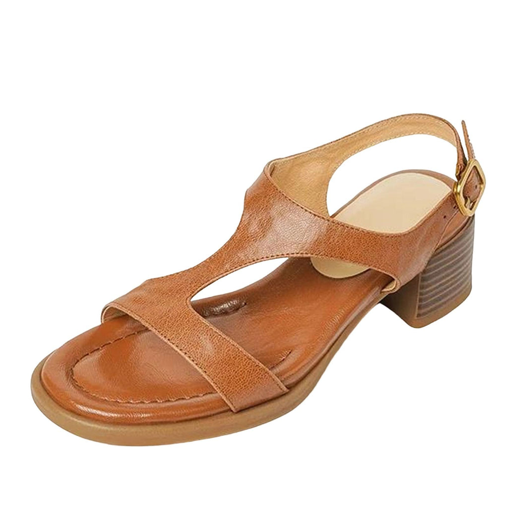 Women's Genuine Leather Block-Heel Sandals with Buckle
