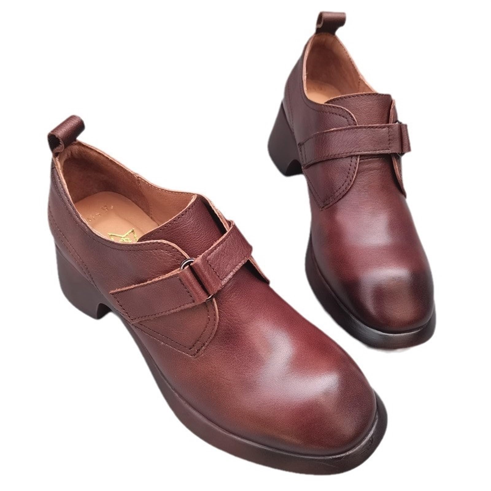 BMLDCWSE Loafers for Women Genuine Leather Medium High Heel Women's Shoes Round Goose Head Design for Work and Commuting