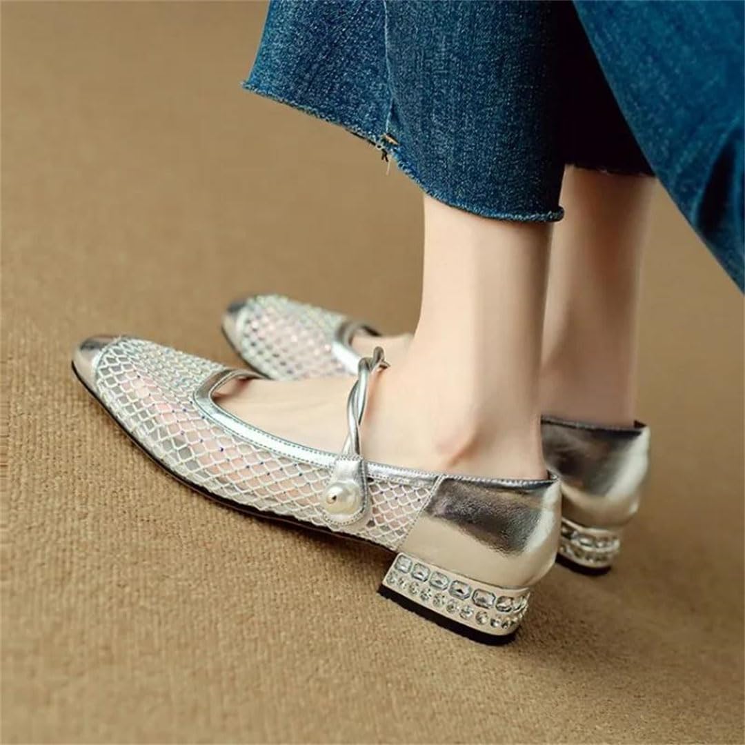Women's Square Toe Hook and Loop Patchwork Sparkly Detail Formal Casual Low Heel Footwear Flat Shoes