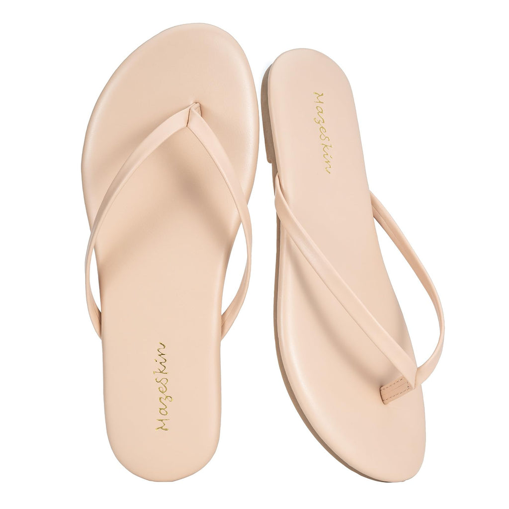 mazeskin Women's Memory Foam Comfortable Flat Thong Sandals Dressy Summer Beach Leather Slide Flip Flops