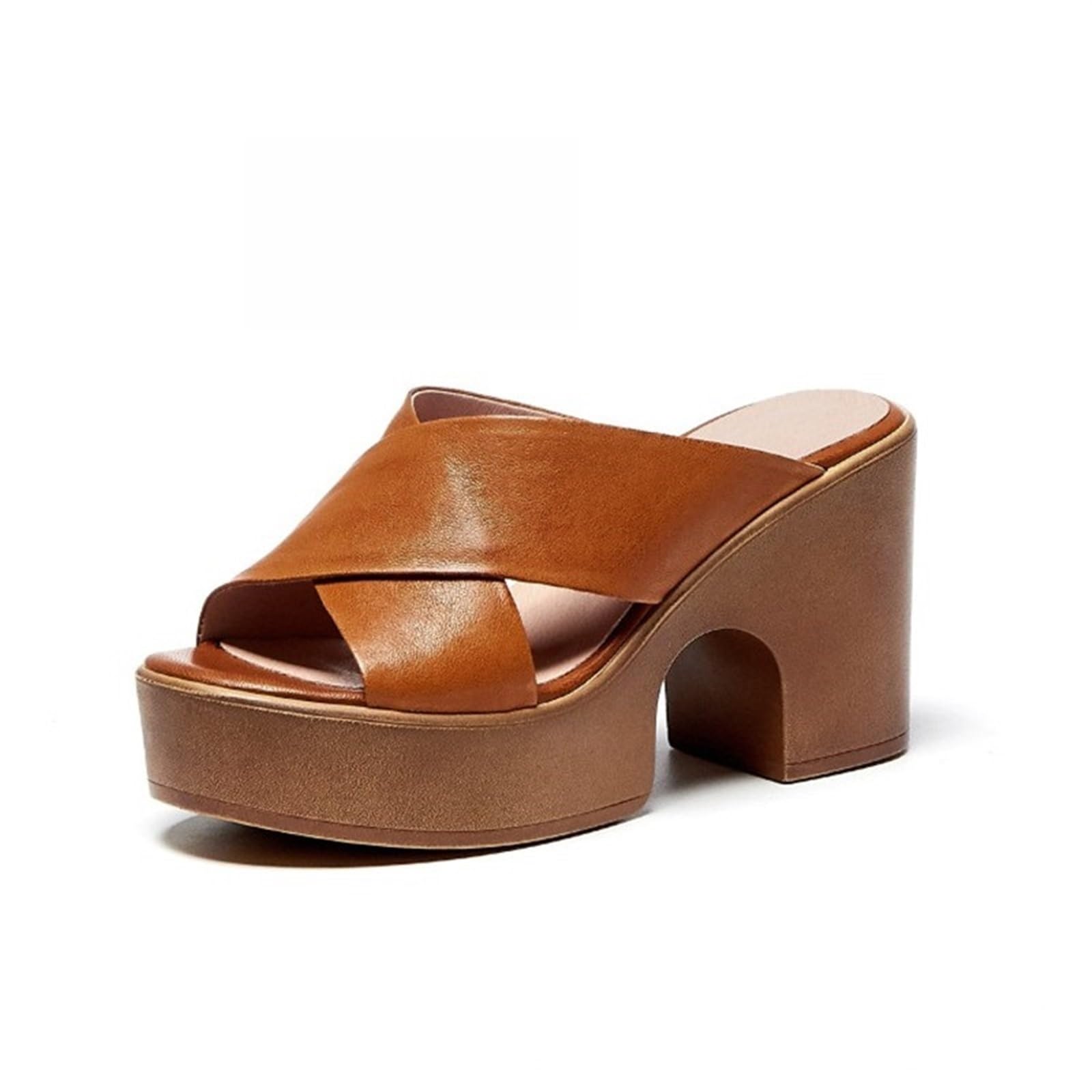 BMLDCWSE Women's Retro Leather Chunky-Heel Platform Mules