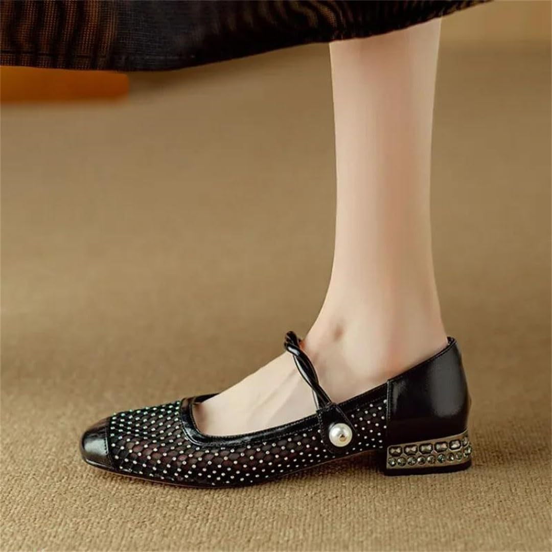 Women's Square Toe Hook and Loop Patchwork Sparkly Detail Formal Casual Low Heel Footwear Flat Shoes