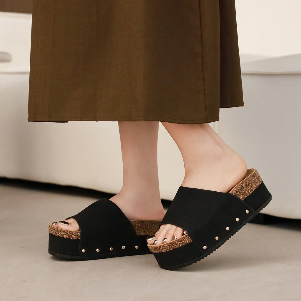 BiuYorBTY Suede Platform Sandals Women, Cork Footbed Espadrille Wedge Lady, Open Toe Chunky Mules, Summer Beach Slip On Shoes, Casual Comfort Slippers, Outdoor Footwear Slides