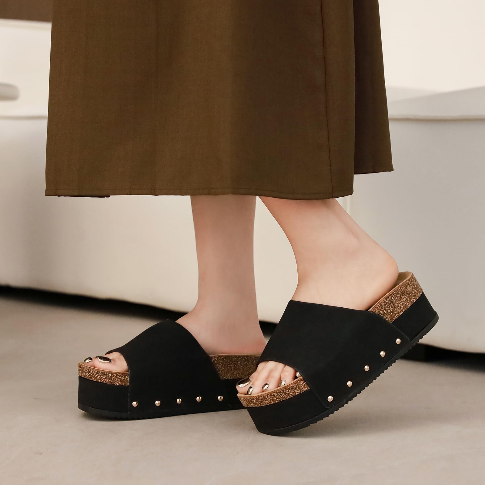 BiuYorBTY Suede Platform Sandals Women, Cork Footbed Espadrille Wedge Lady, Open Toe Chunky Mules, Summer Beach Slip On Shoes, Casual Comfort Slippers, Outdoor Footwear Slides
