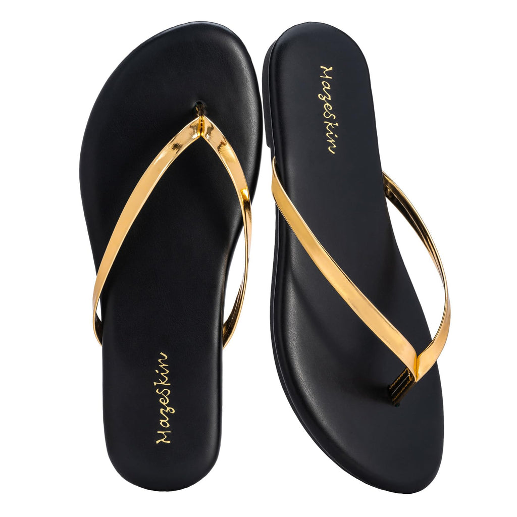 mazeskin Women's Memory Foam Comfortable Flat Thong Sandals Dressy Summer Beach Leather Slide Flip Flops