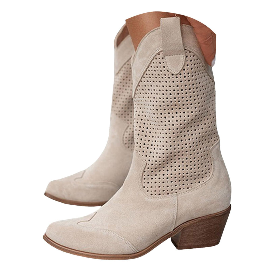 Women's Suede Western Ankle Boots with Low Wooden Heel