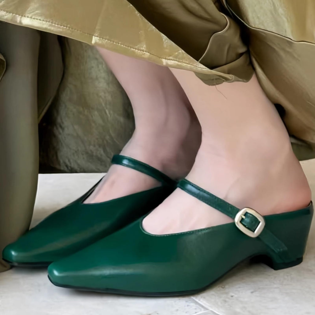 Women's Leather Mary Jane Mules with Chunky Block Heel