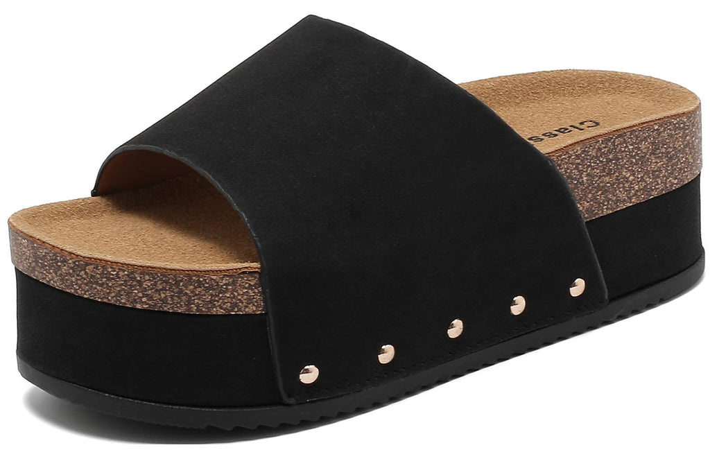 BiuYorBTY Suede Platform Sandals Women, Cork Footbed Espadrille Wedge Lady, Open Toe Chunky Mules, Summer Beach Slip On Shoes, Casual Comfort Slippers, Outdoor Footwear Slides