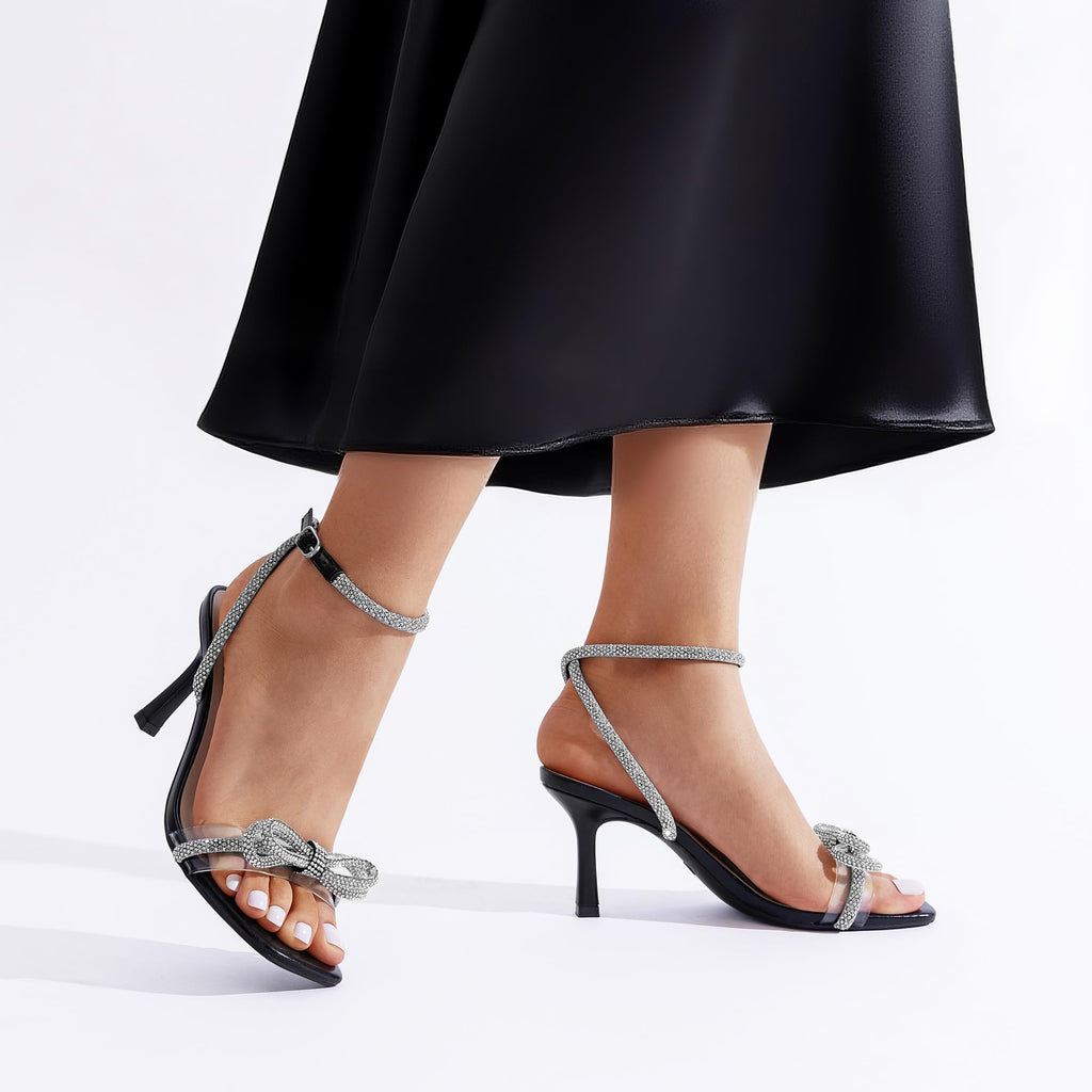 DREAM PAIRS Women's Crystal Bow Square-Toe Dress Sandals