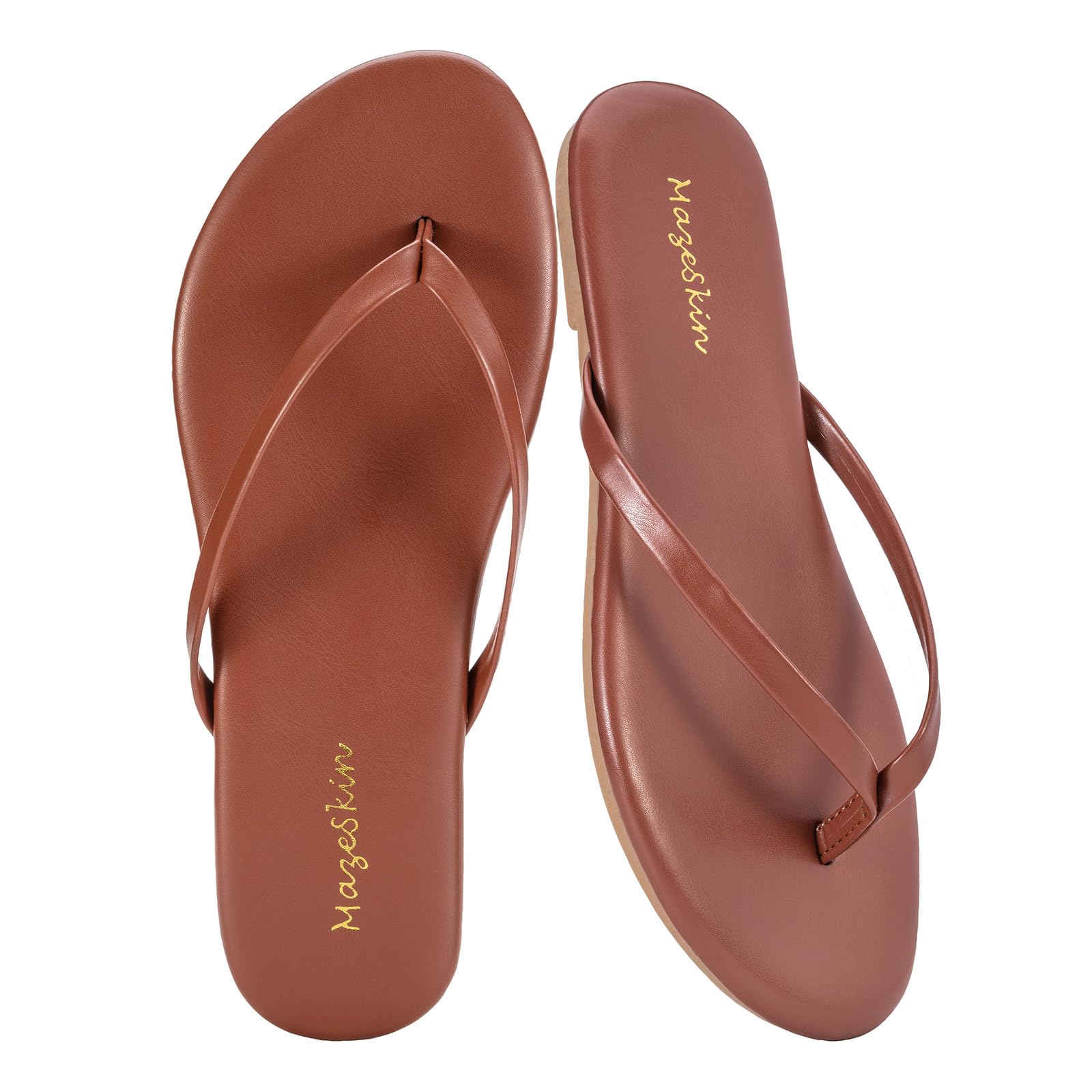 mazeskin Women's Memory Foam Comfortable Flat Thong Sandals Dressy Summer Beach Leather Slide Flip Flops