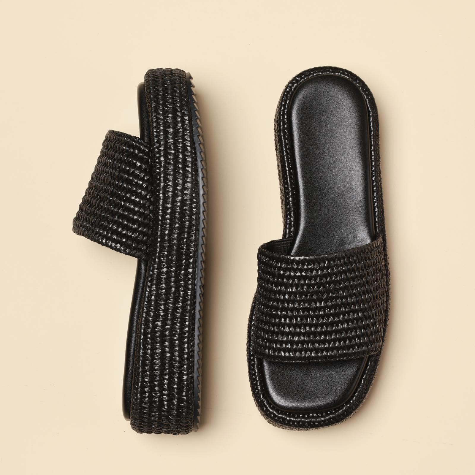 EQAUDES Platform Slip on Espadrille Sandals for Women Wedges Slides Bohemia Sandals Flatform Open Toe Beach Sandals