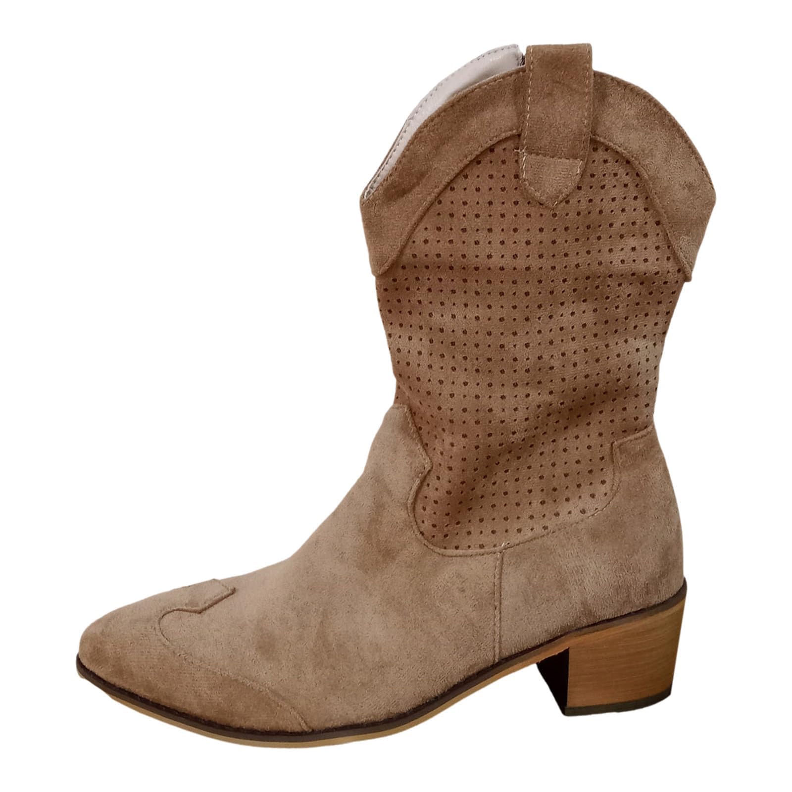 Women's Suede Western Ankle Boots with Low Wooden Heel
