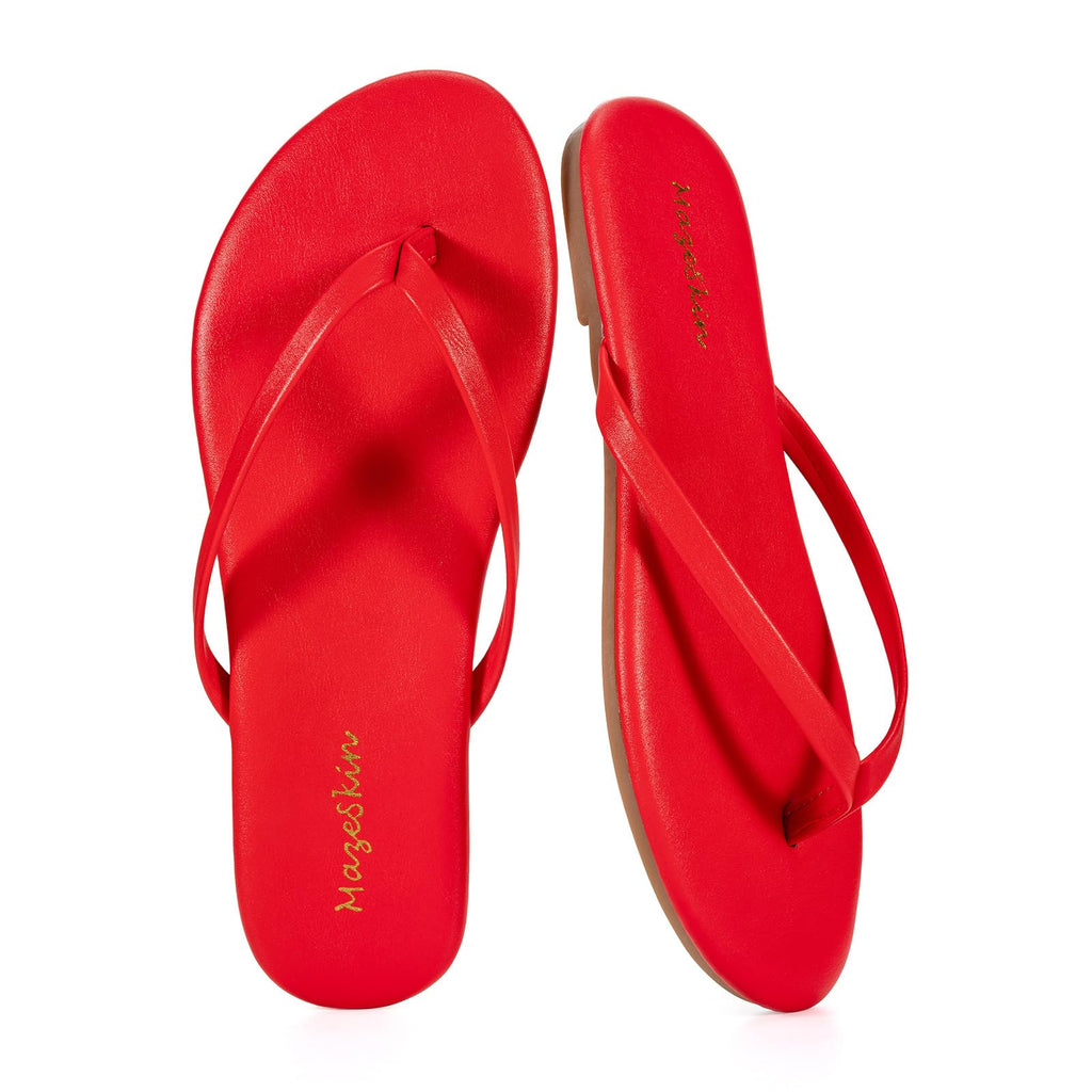 mazeskin Women's Memory Foam Comfortable Flat Thong Sandals Dressy Summer Beach Leather Slide Flip Flops
