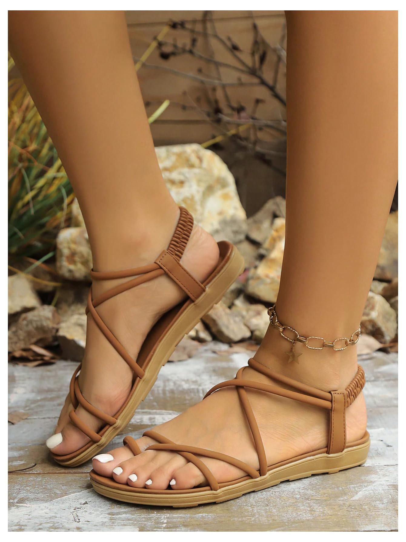GORGLITTER Women's Strappy Flat Sandals Dressy Open Toe Ankle Strap Summer Beach Thong Slides Vacation Shoes