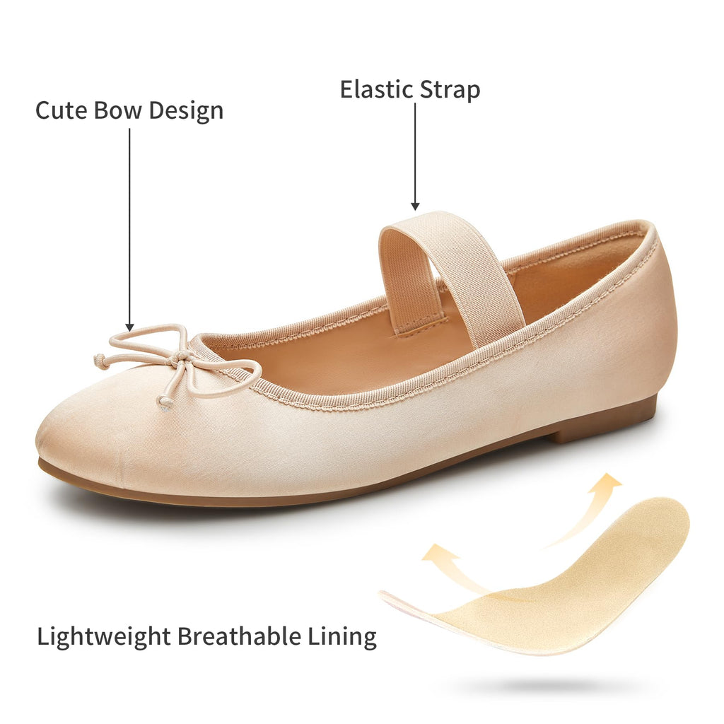 Trary Flats for Women Closed Round Toe Ballet Flats Mary Jane Shoes Women with Elastic Strap Cute Bowknot Comfortable Dress Shoes for All-Year Daily Work Casual Wear