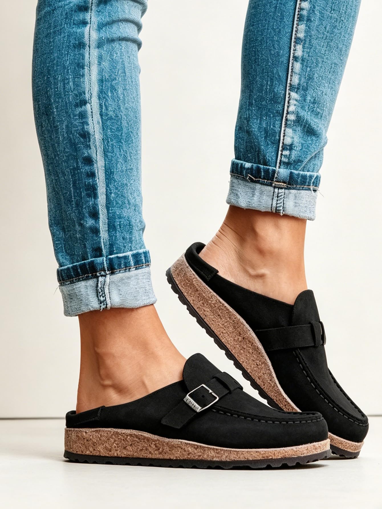 Women's Suede Buckle Mules for Casual Everyday Wear