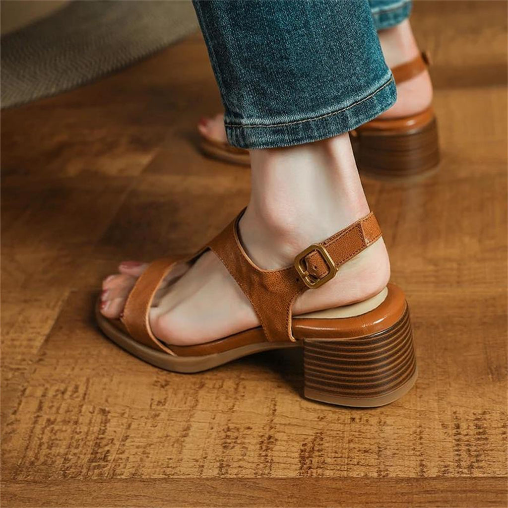Women's Genuine Leather Block-Heel Sandals with Buckle