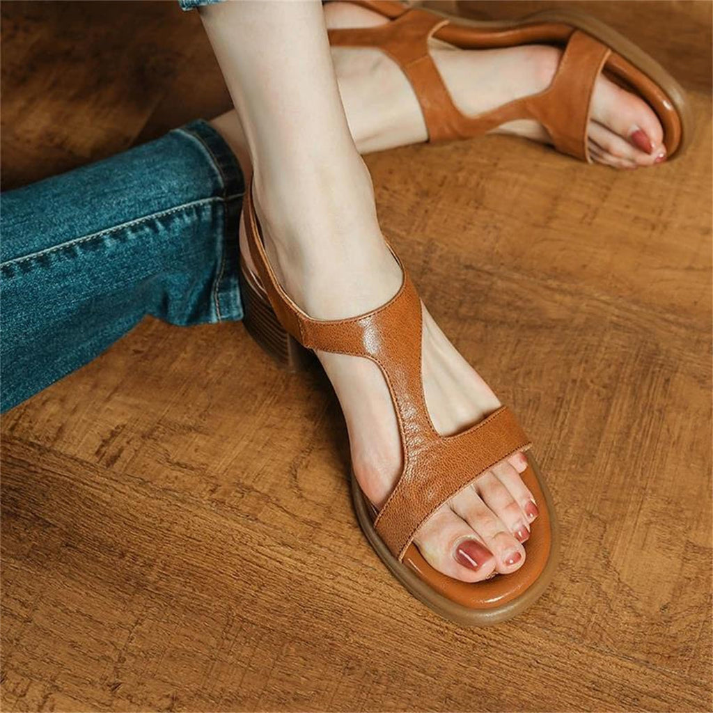 Women's Genuine Leather Block-Heel Sandals with Buckle