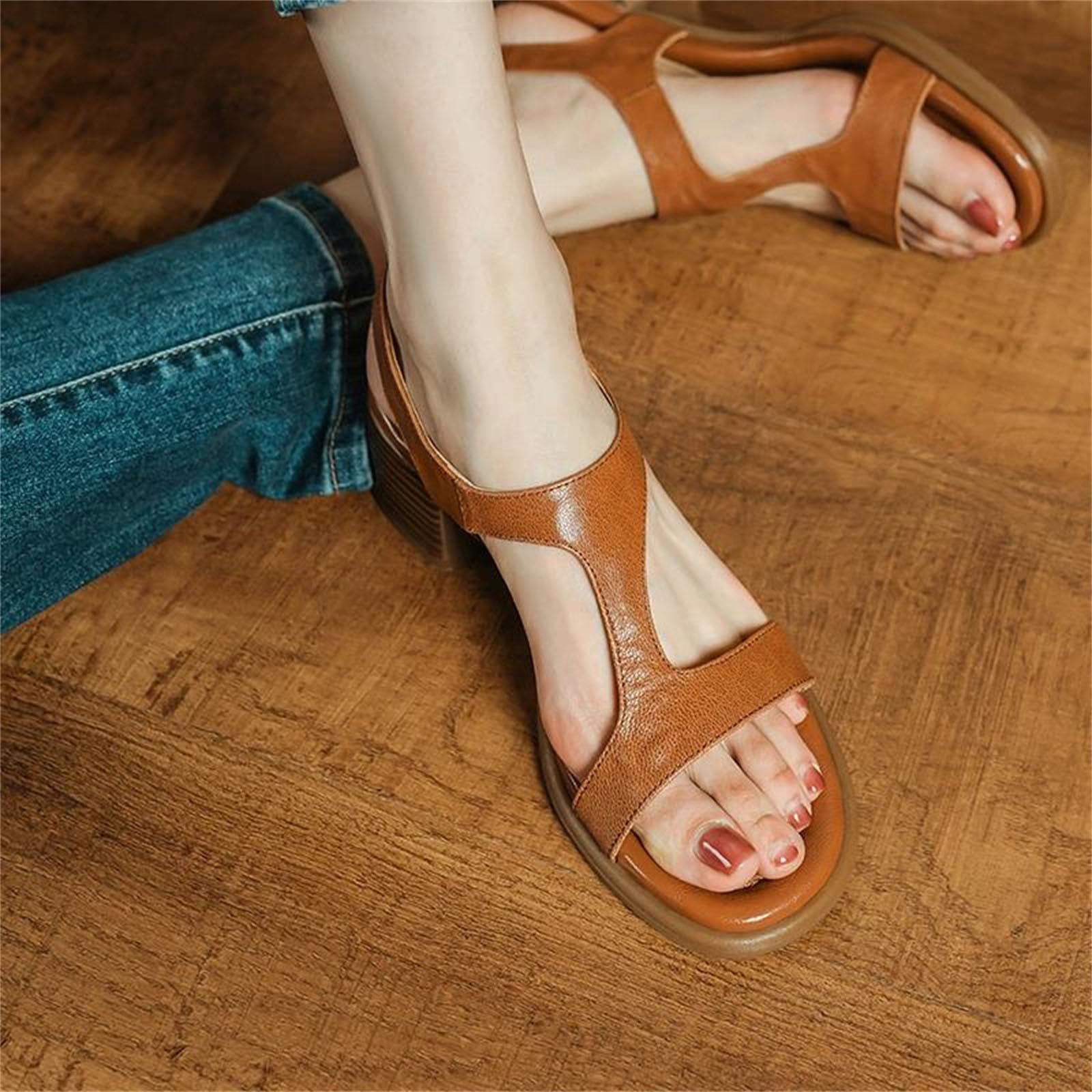 Women's Genuine Leather Block-Heel Sandals with Buckle