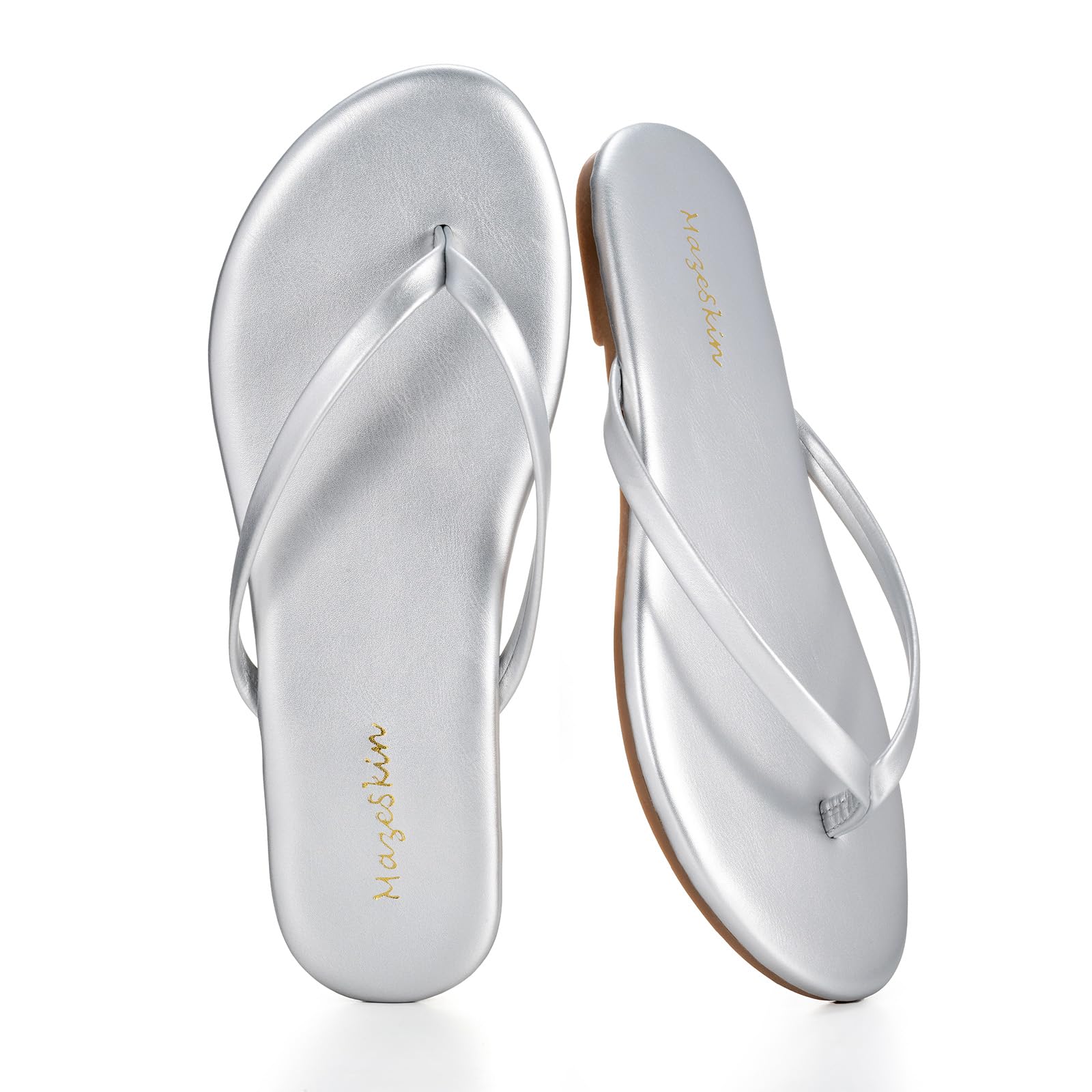 mazeskin Women's Memory Foam Comfortable Flat Thong Sandals Dressy Summer Beach Leather Slide Flip Flops