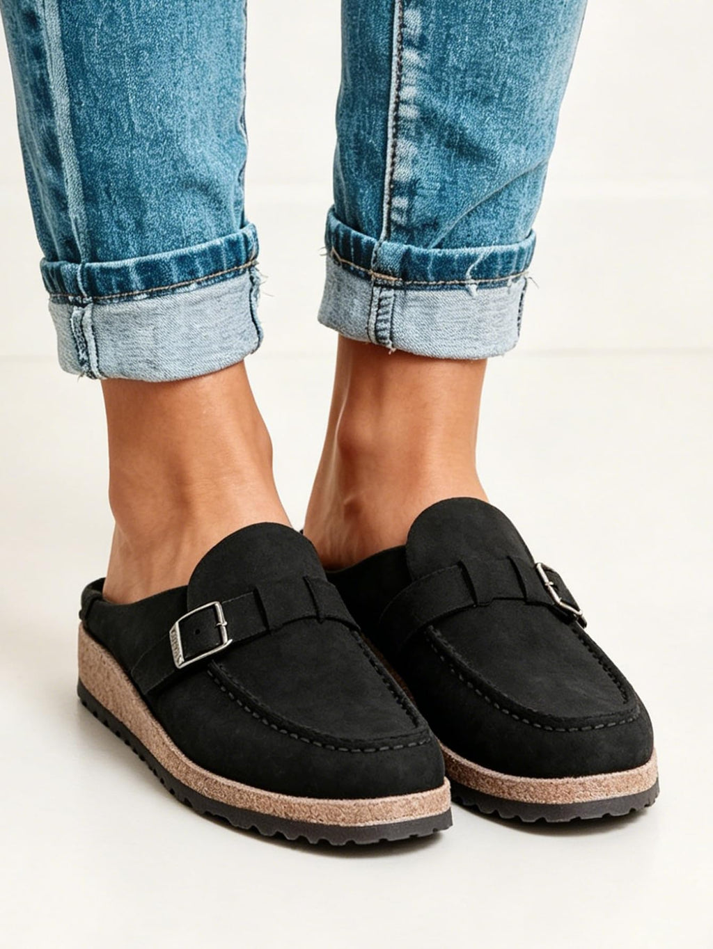 Women's Suede Buckle Mules for Casual Everyday Wear