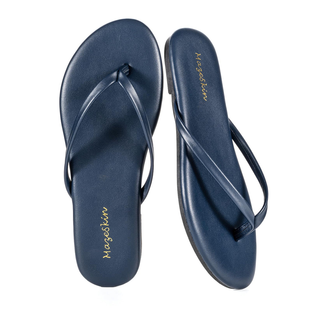 mazeskin Women's Memory Foam Comfortable Flat Thong Sandals Dressy Summer Beach Leather Slide Flip Flops