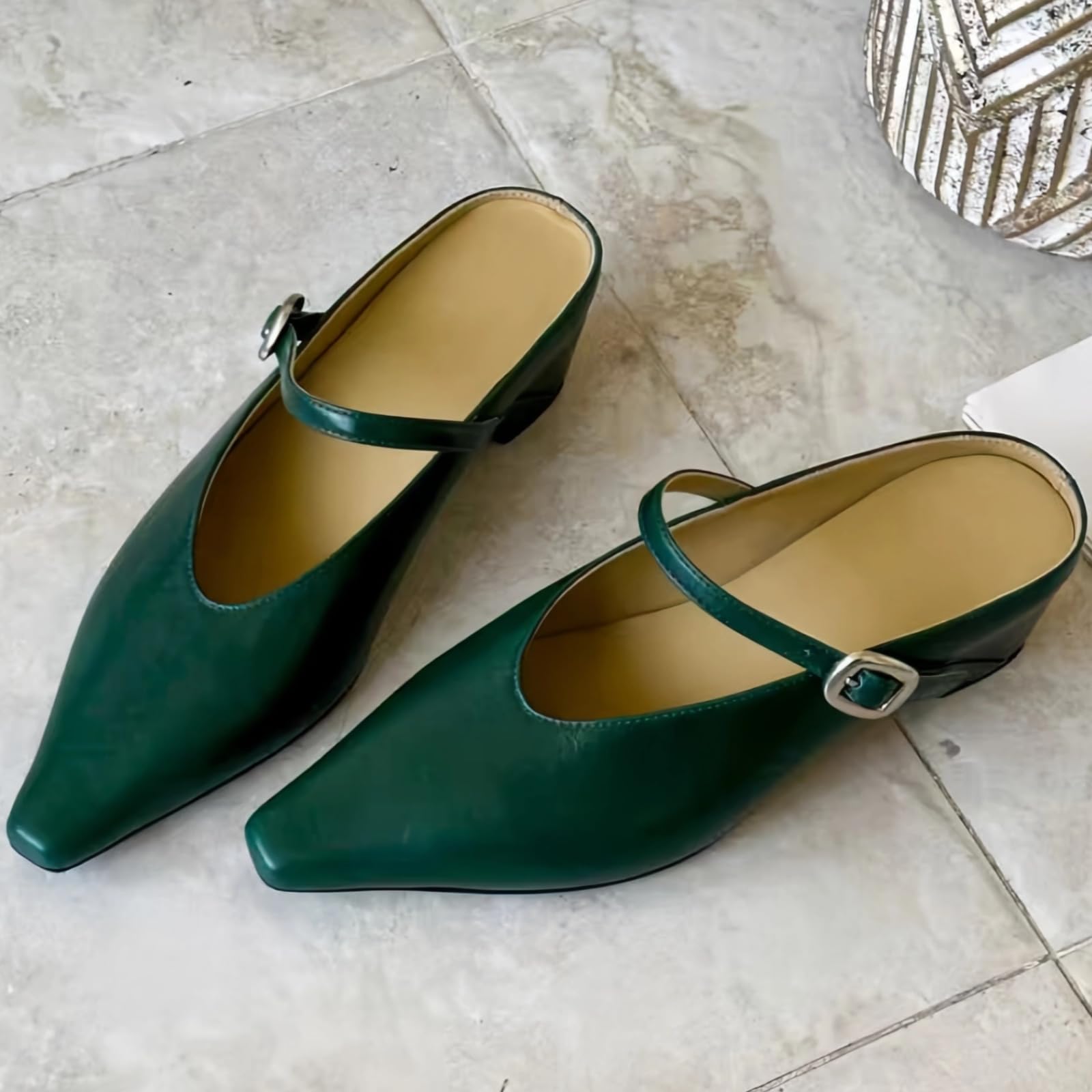 Women's Leather Mary Jane Mules with Chunky Block Heel