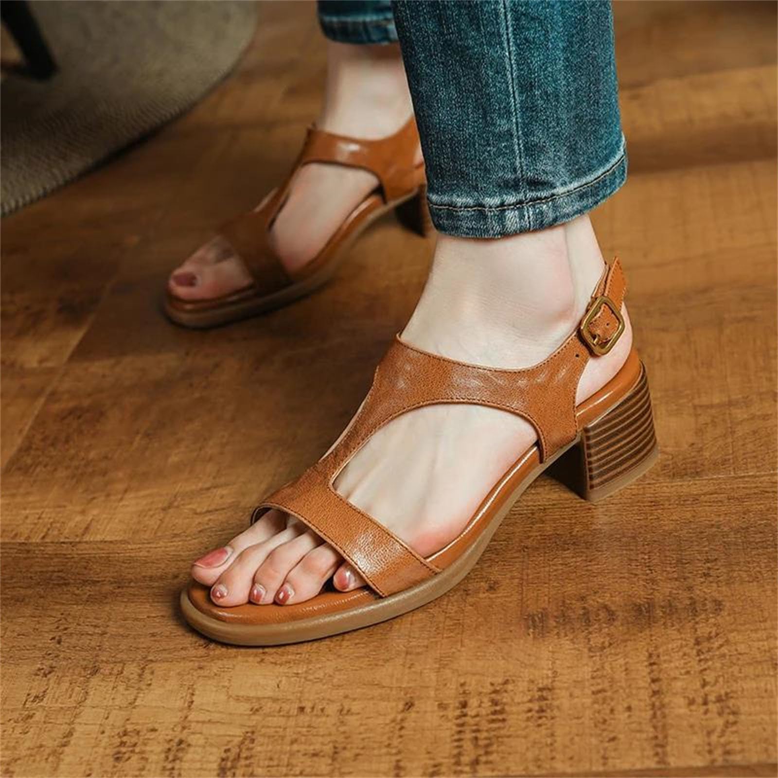 Women's Genuine Leather Block-Heel Sandals with Buckle