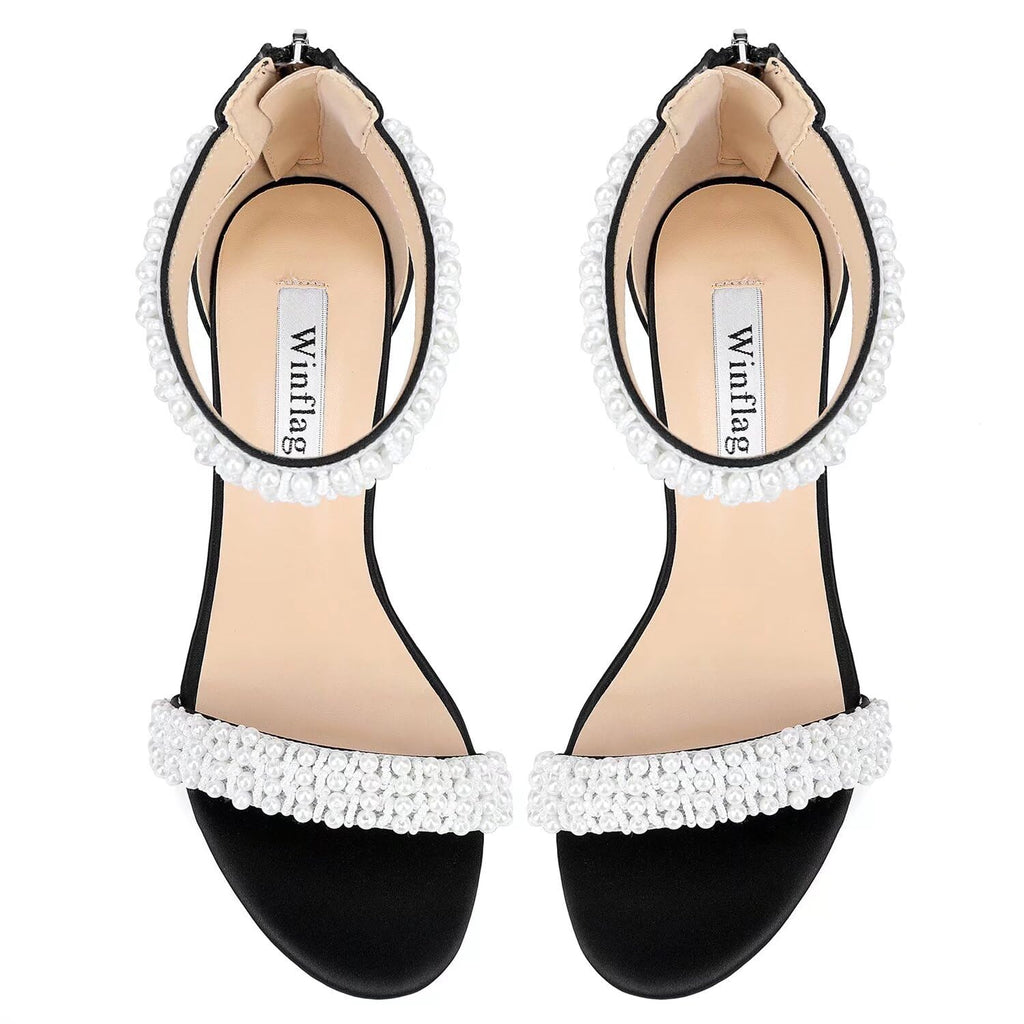 Winflag Women's Pearl Block-Heel Bridal Sandals