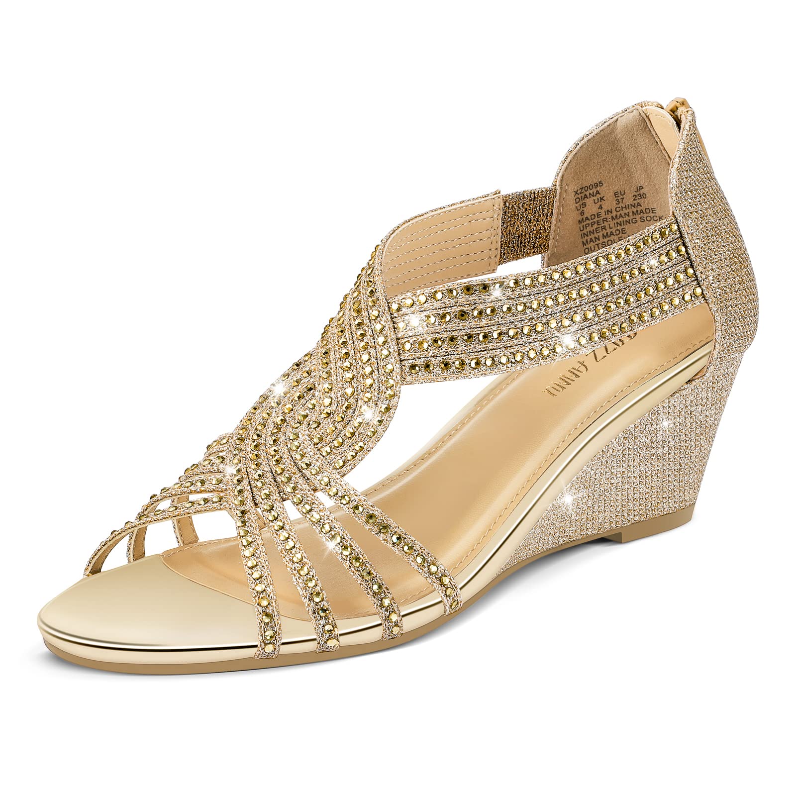 PIZZ ANNU Women's Diana Rhinestone Low-Wedge Sandals
