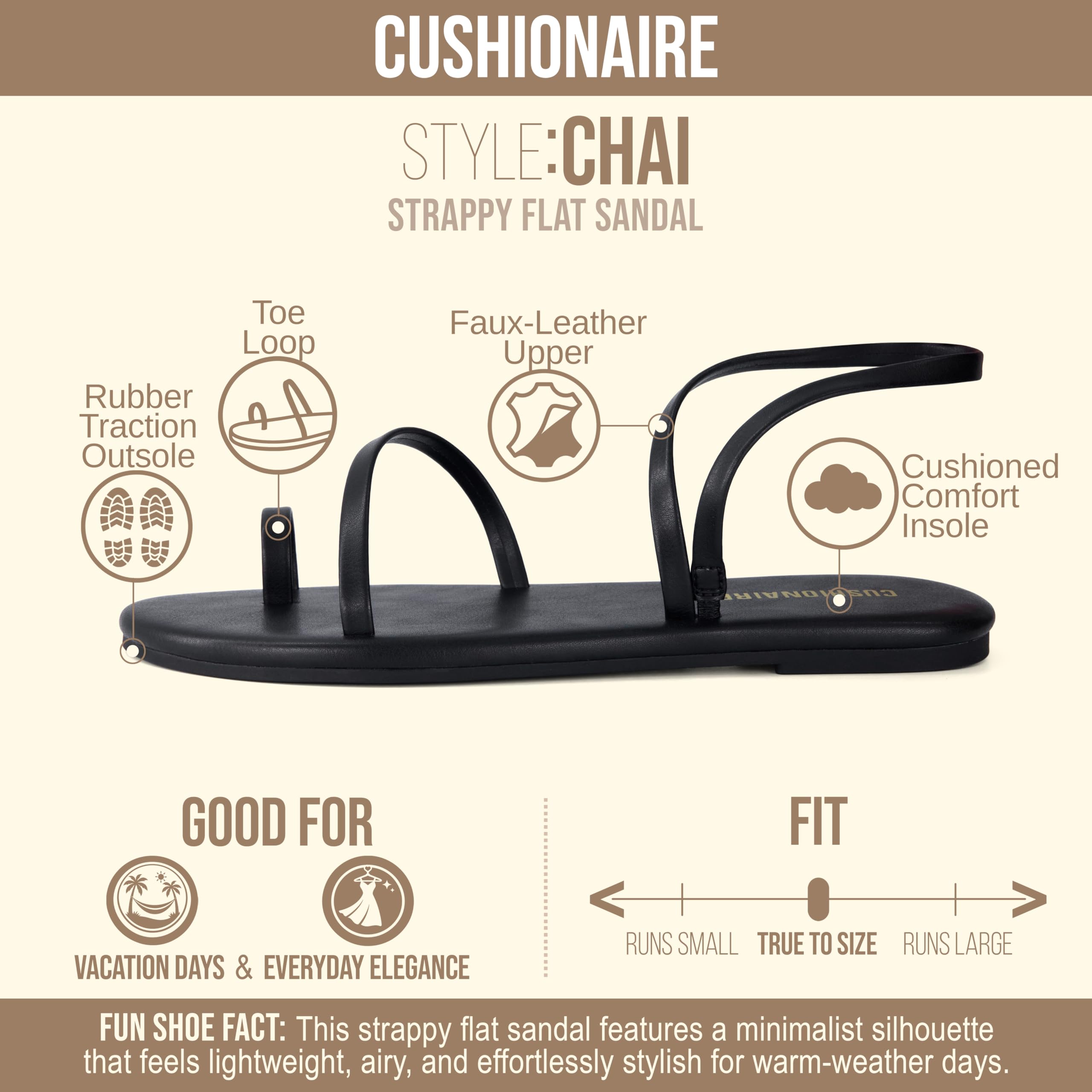 CUSHIONAIRE CHAI Flat Strappy Sandals for Women, Comfortable Dressy Summer Slip-On Sandal with Memory Foam