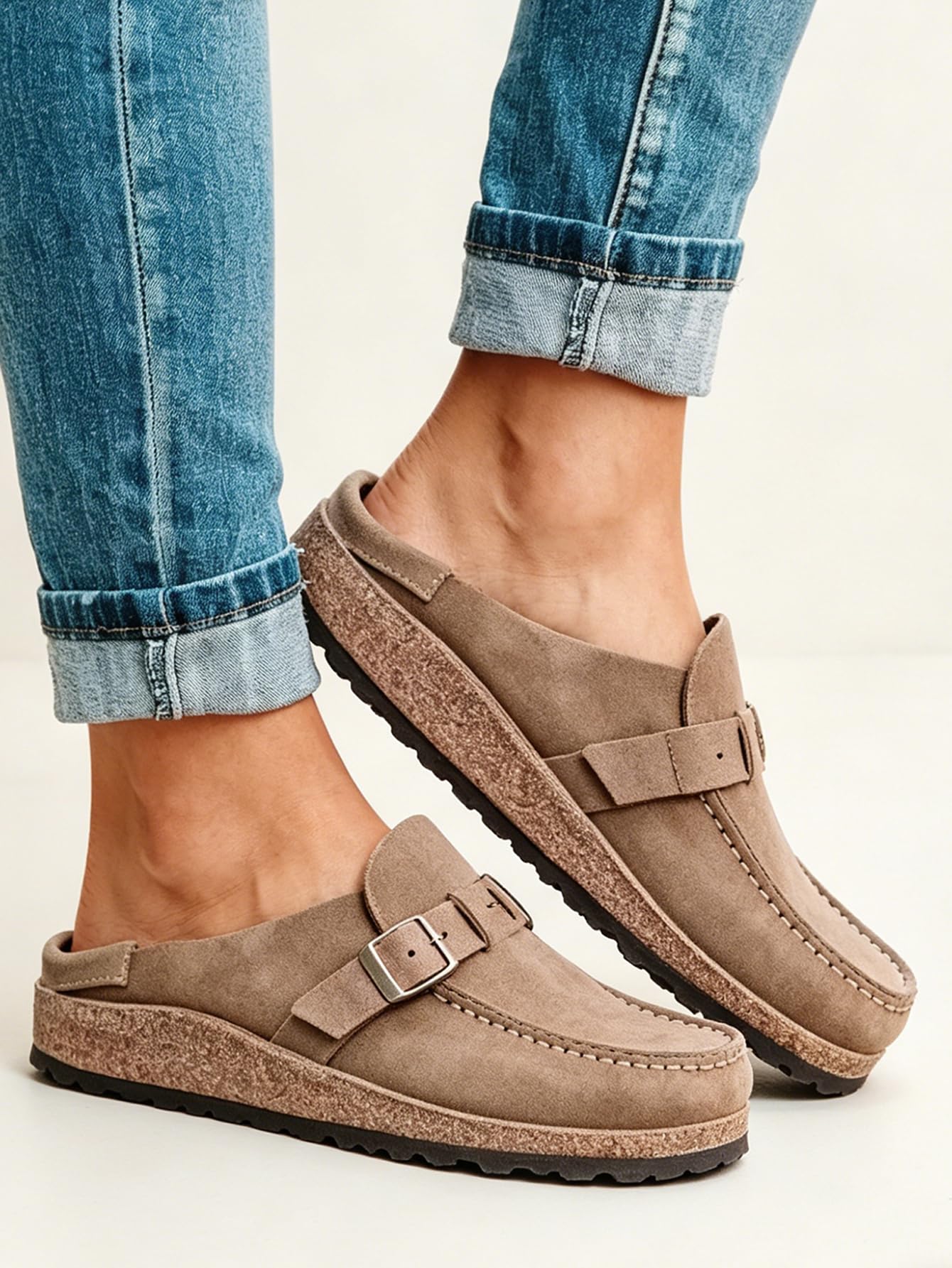 Women's Suede Buckle Mules for Casual Everyday Wear