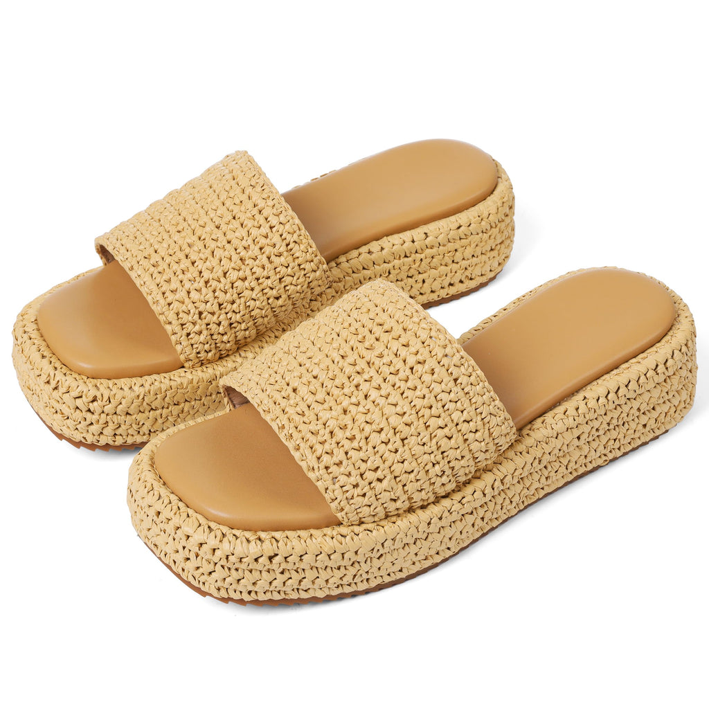 EQAUDES Platform Slip on Espadrille Sandals for Women Wedges Slides Bohemia Sandals Flatform Open Toe Beach Sandals