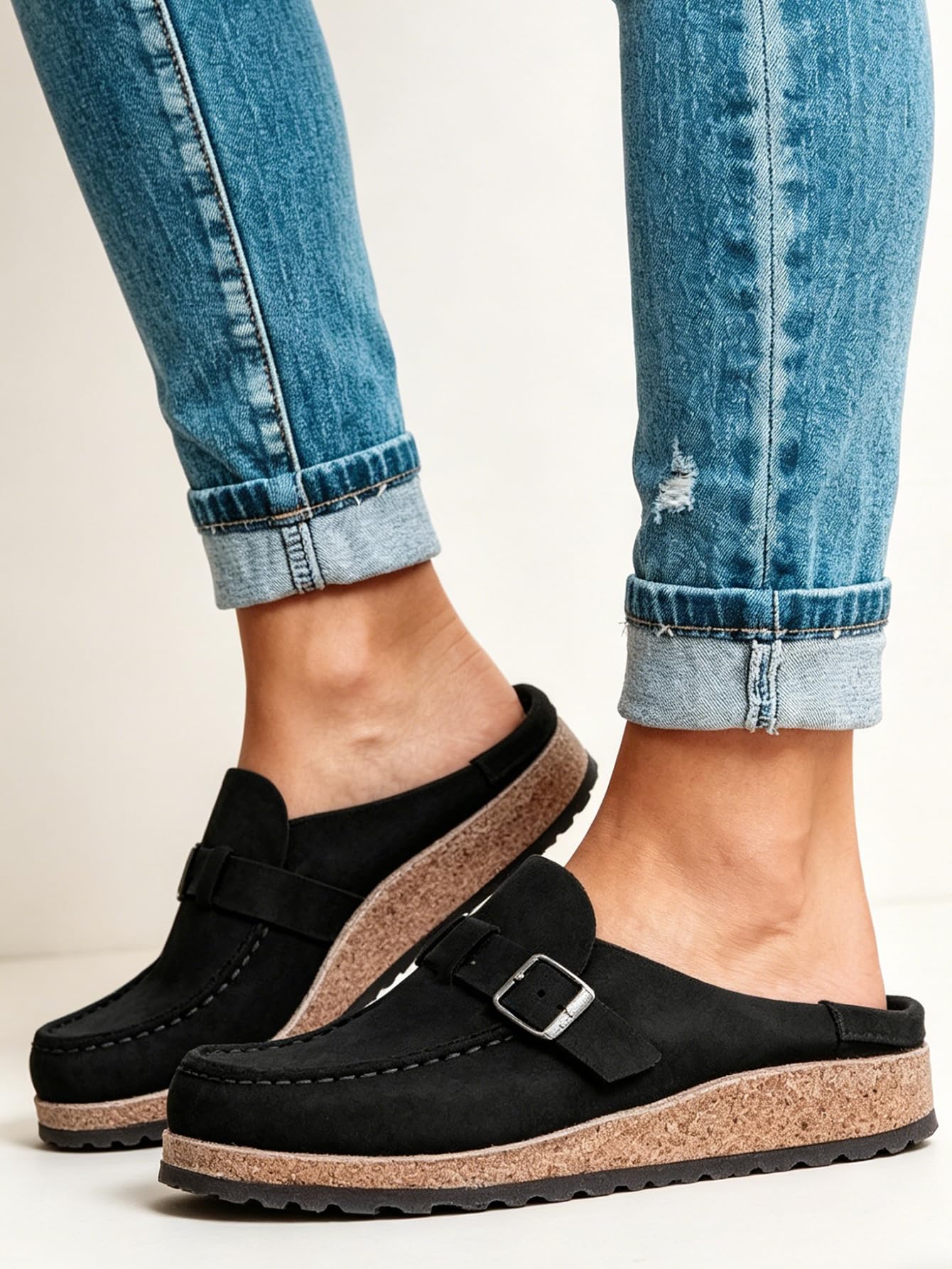 Women's Suede Buckle Mules for Casual Everyday Wear