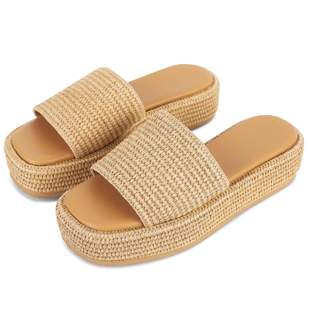 EQAUDES Platform Slip on Espadrille Sandals for Women Wedges Slides Bohemia Sandals Flatform Open Toe Beach Sandals